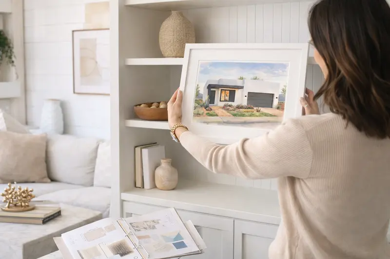 An interior designer arranging a framed home portrait on a shelf