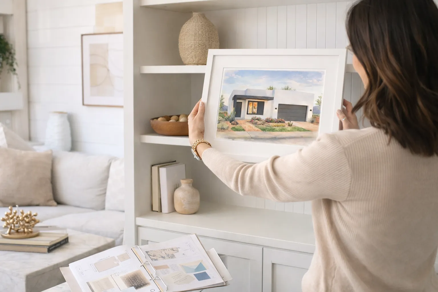 A designer arranging a framed home portrait on a shelf