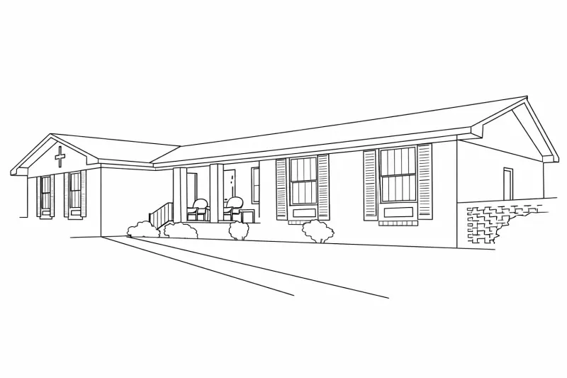 Line drawing of a single-storey family home with a covered porch