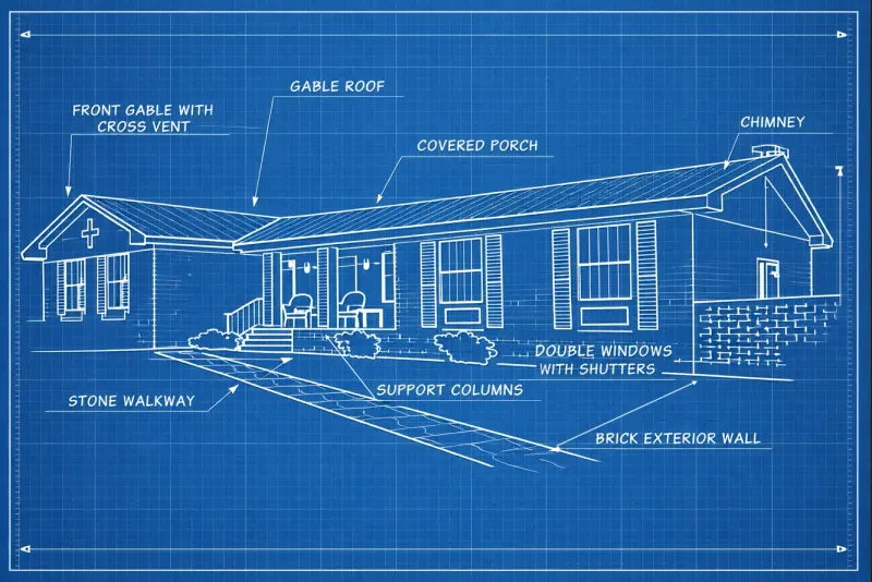 Annotated blueprint rendering of a single-storey family home