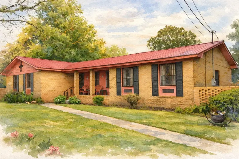 Watercolour portrait of a red-roofed family home