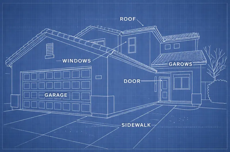 Blueprint-style rendering of a two-storey modern home