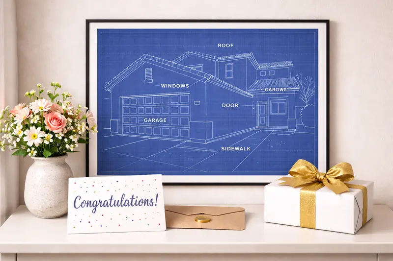 A framed blueprint home portrait with a congratulations card and gift