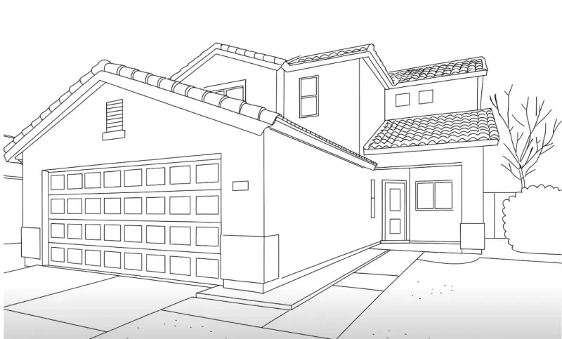 Line drawing of a two-storey modern home with a double garage