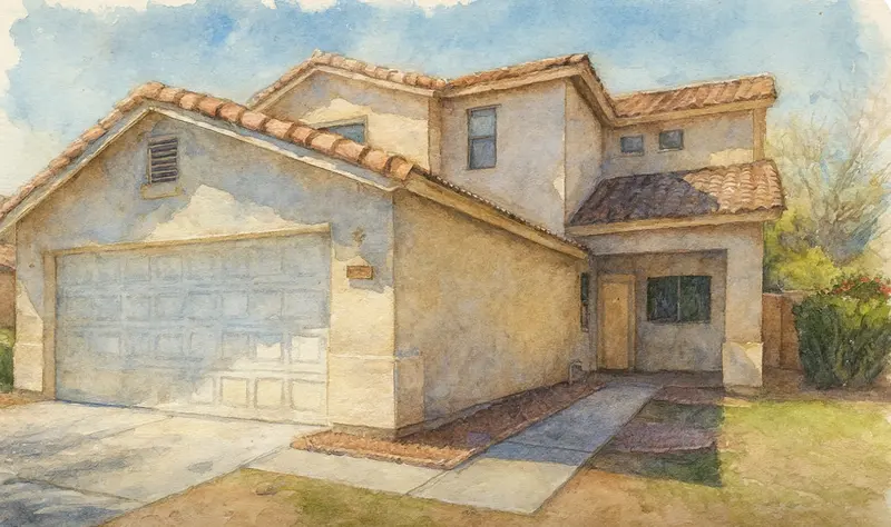 Watercolour portrait of a two-storey Spanish revival home
