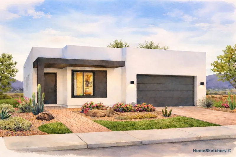 Watercolour portrait of a newly built Sonoran-style home