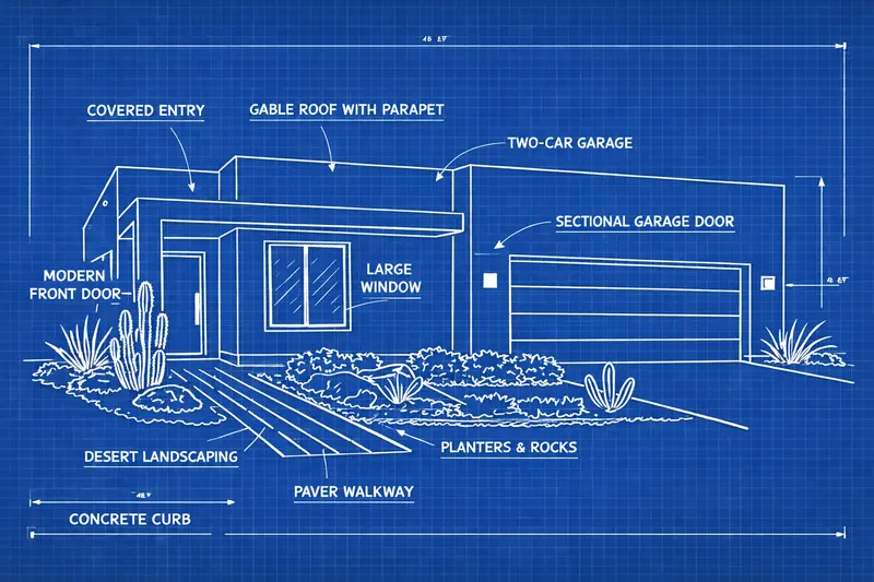 Blueprint-style rendering of a desert contemporary home