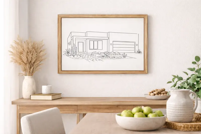 A framed line-art home portrait resting on a console table