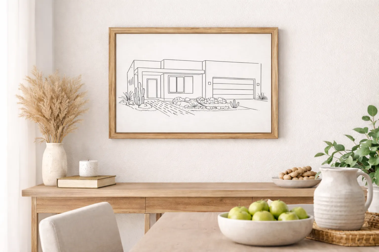 A framed line-art home portrait resting on a console table