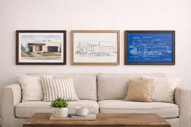 Three framed home portraits arranged above a sofa