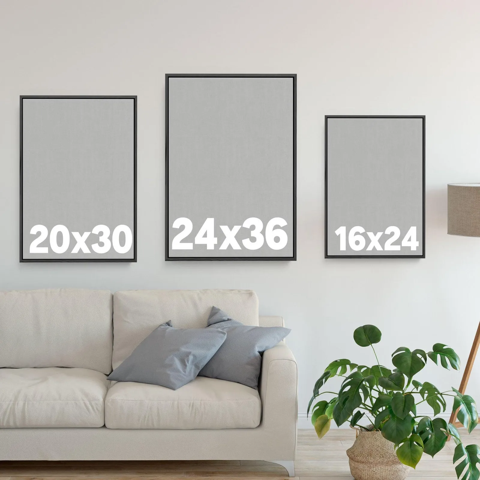 Print size guide showing 20x30, 24x36 and 16x24 framed portraits on a wall