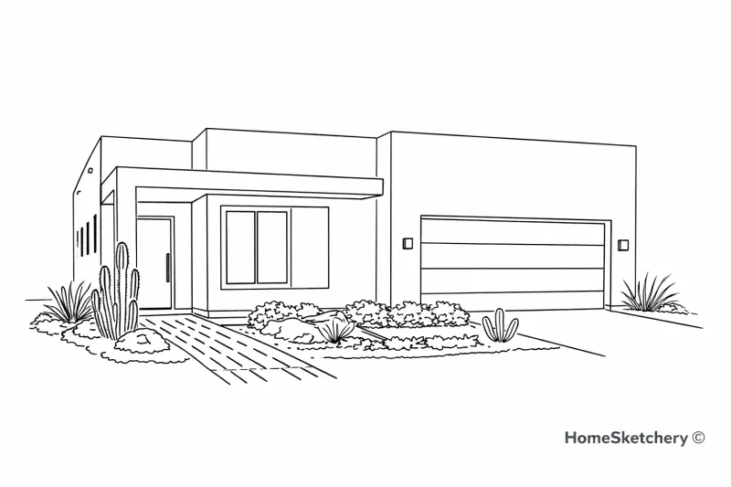 Line-art illustration of a desert contemporary home