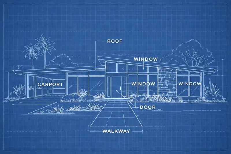 Blueprint-style architectural rendering of a mid-century modern home