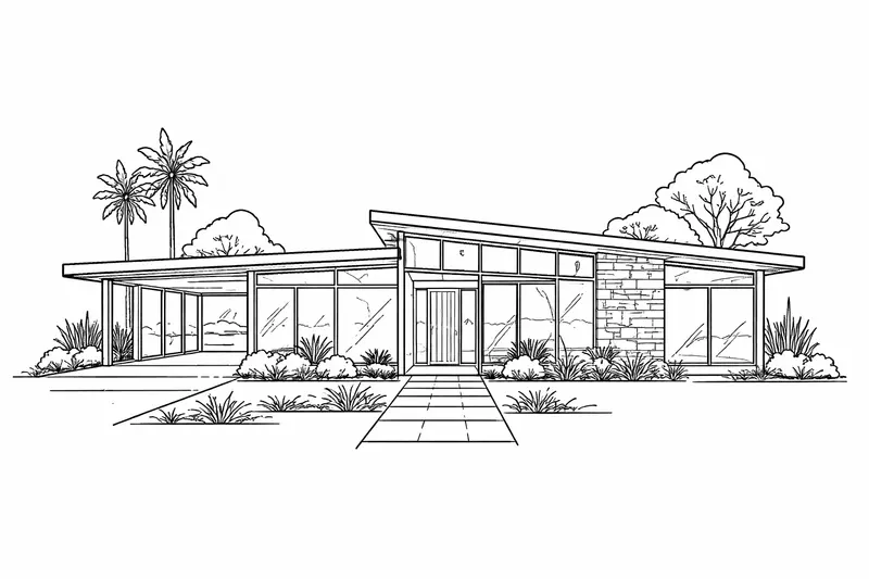 Minimal line-art illustration of a mid-century modern home