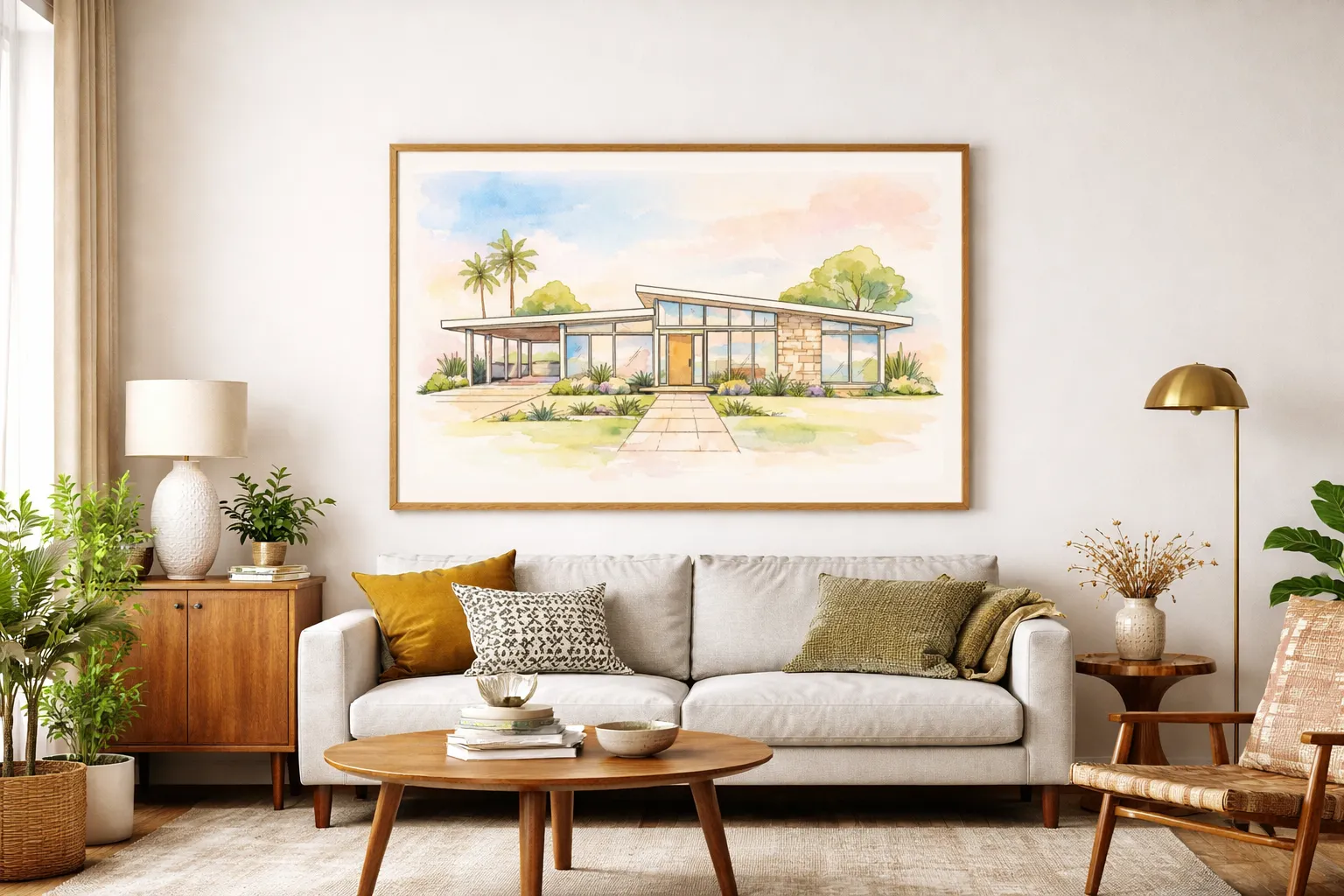 A framed watercolour home portrait hanging above a mid-century sofa