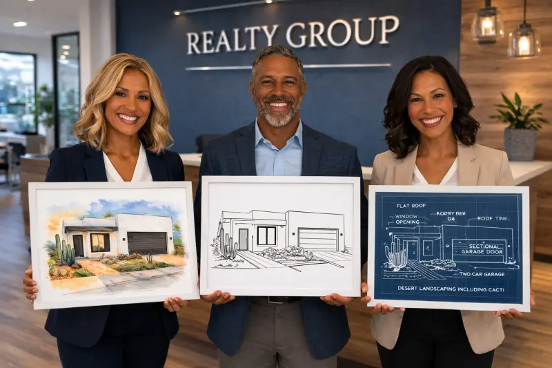 Three real estate professionals holding framed home portraits