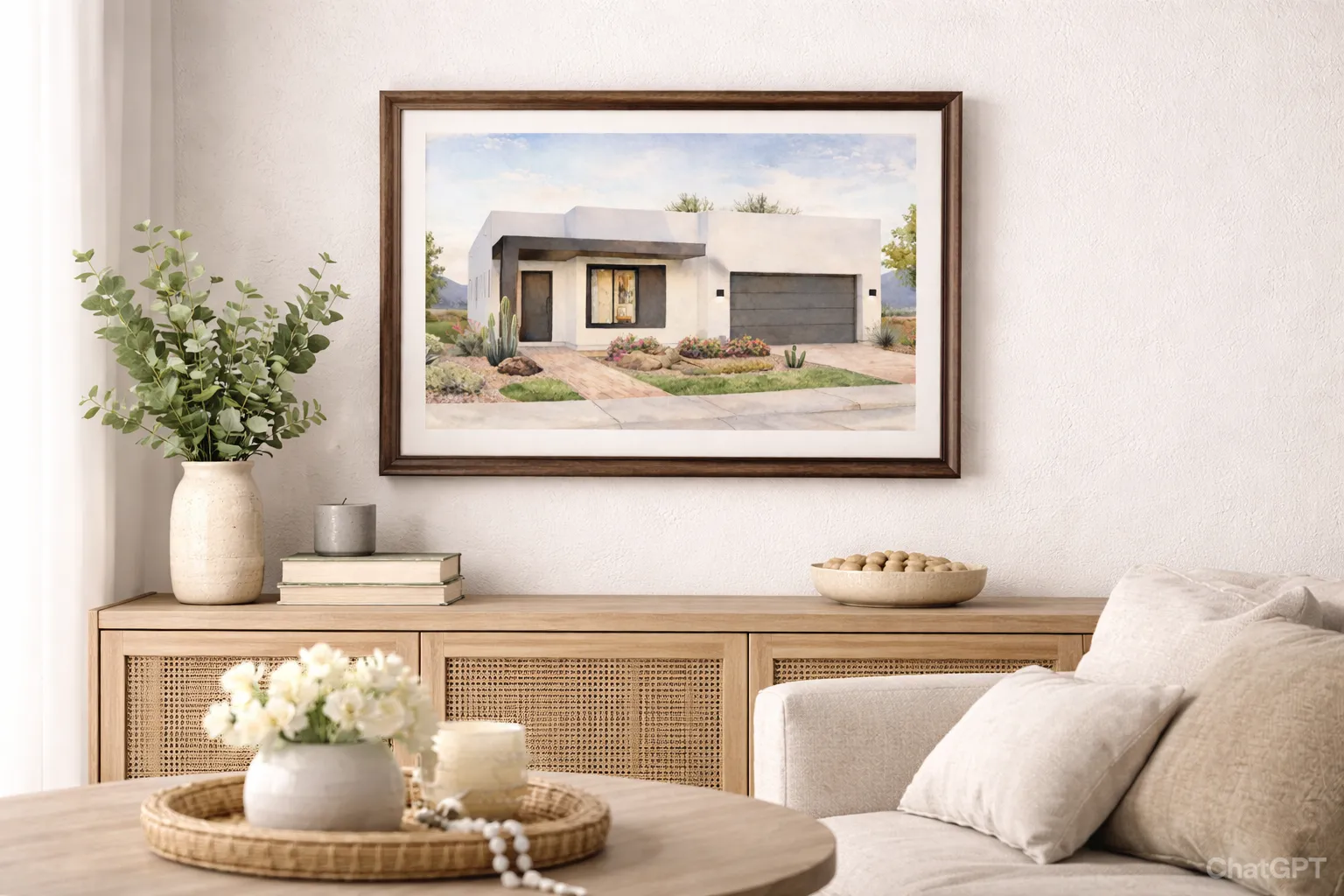 A framed watercolour home portrait above a console table